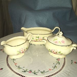 Homer Laughlin, sugar bowl, creamer and gravy boat. Virginia Rose pattern. All.